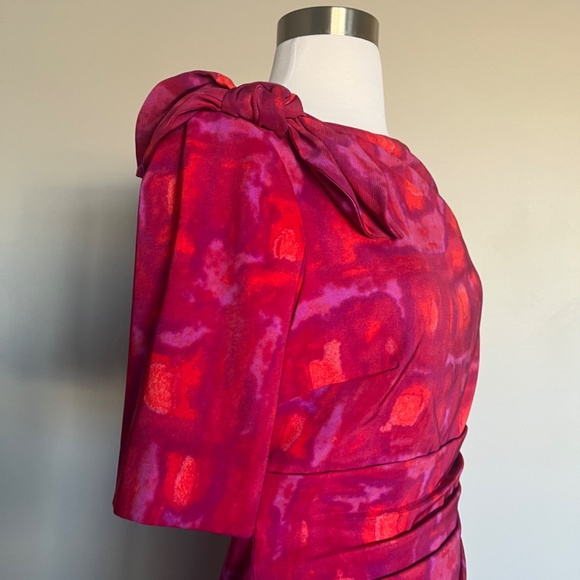 Kay Unger Pink Ruched Bow Neck Cocktail Pencil Abstract Print Sheath Dress - Picture 4 of 12